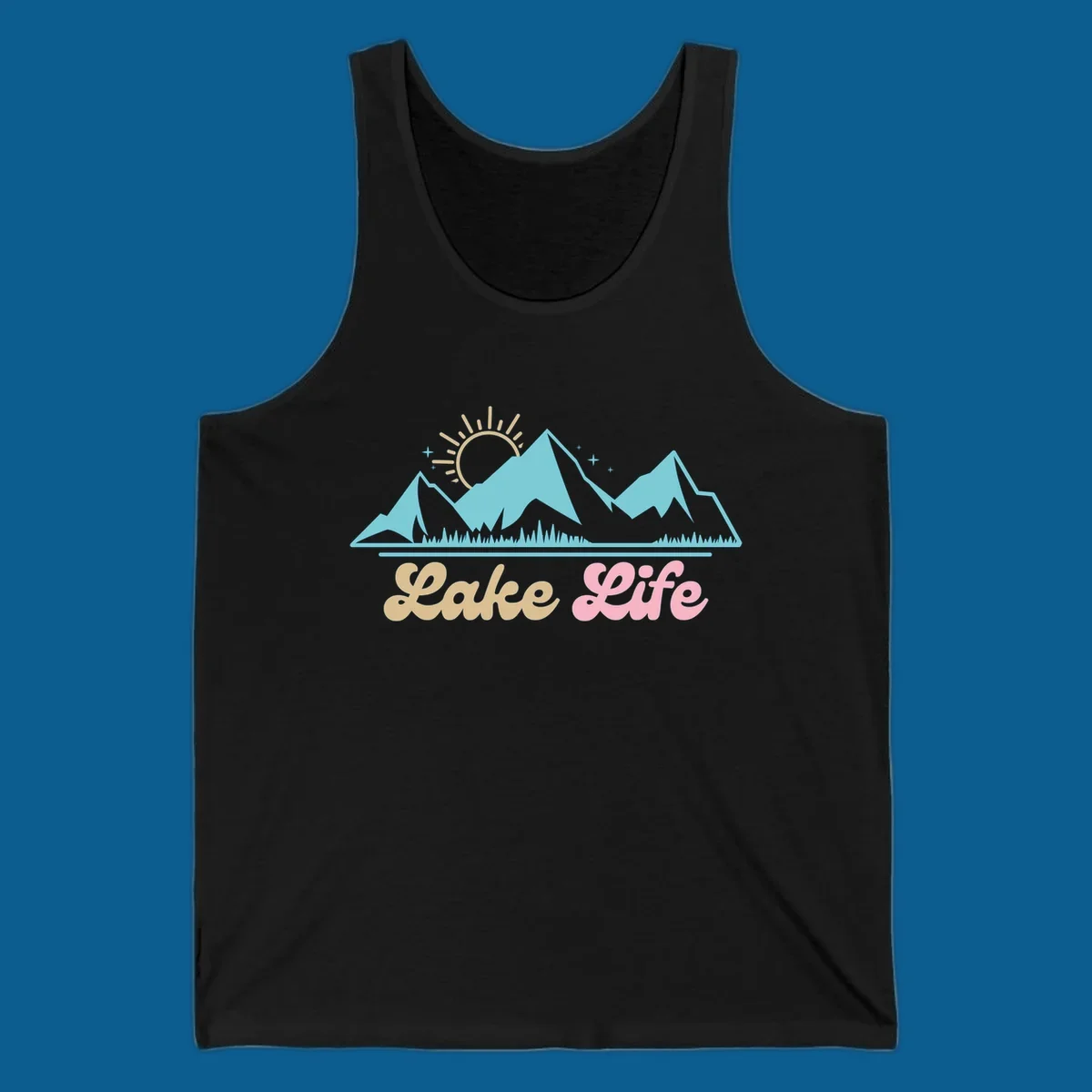 Lake Life mountains sunset illustration with text.