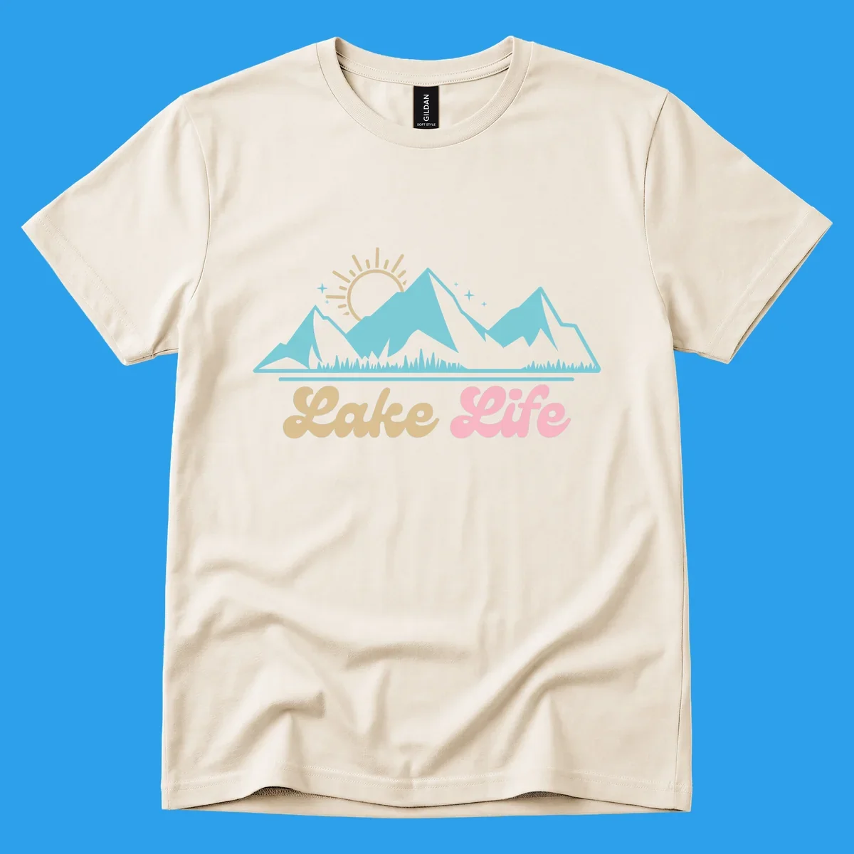 Lake Life mountains sunset illustration with text.