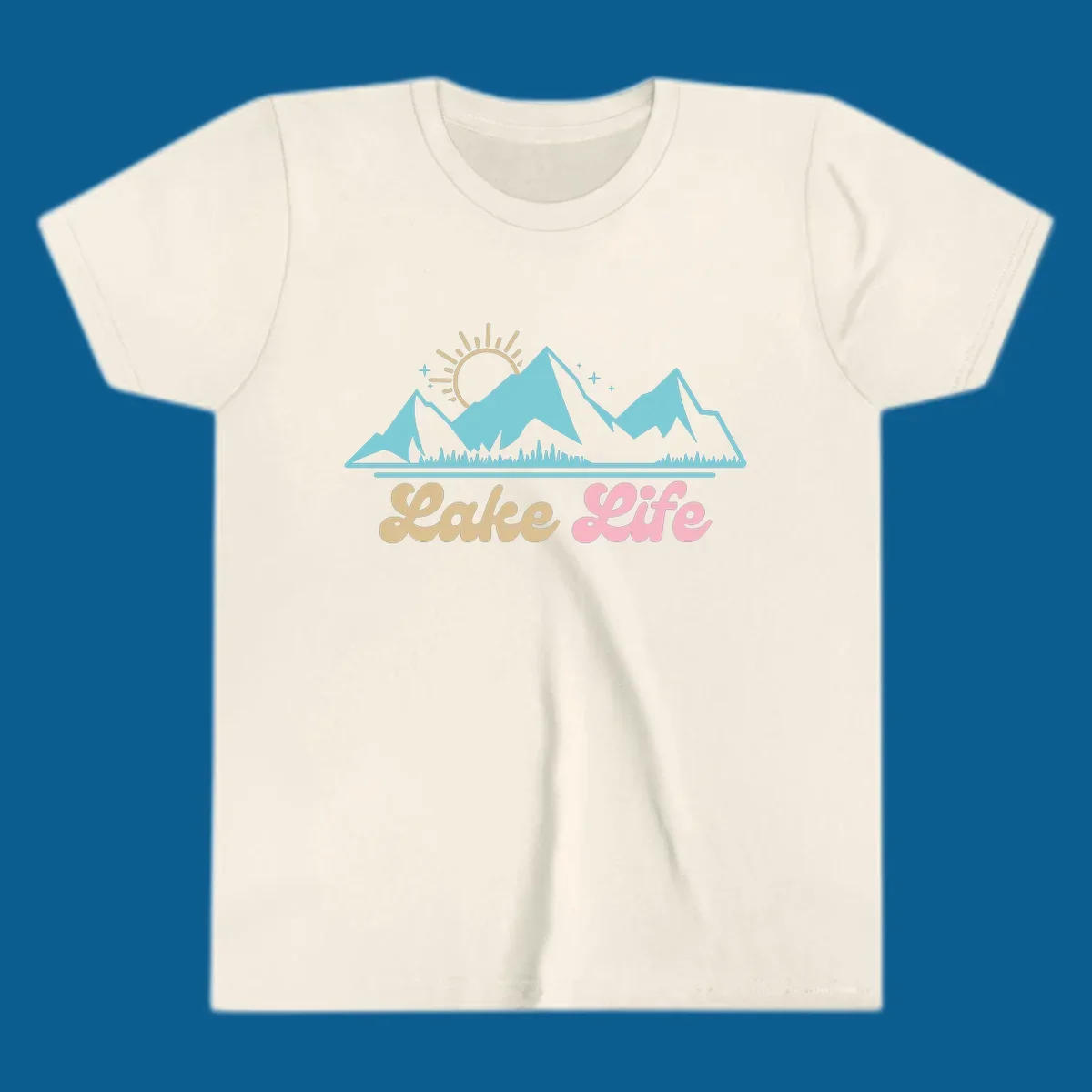 Lake Life mountains sunset illustration with text.