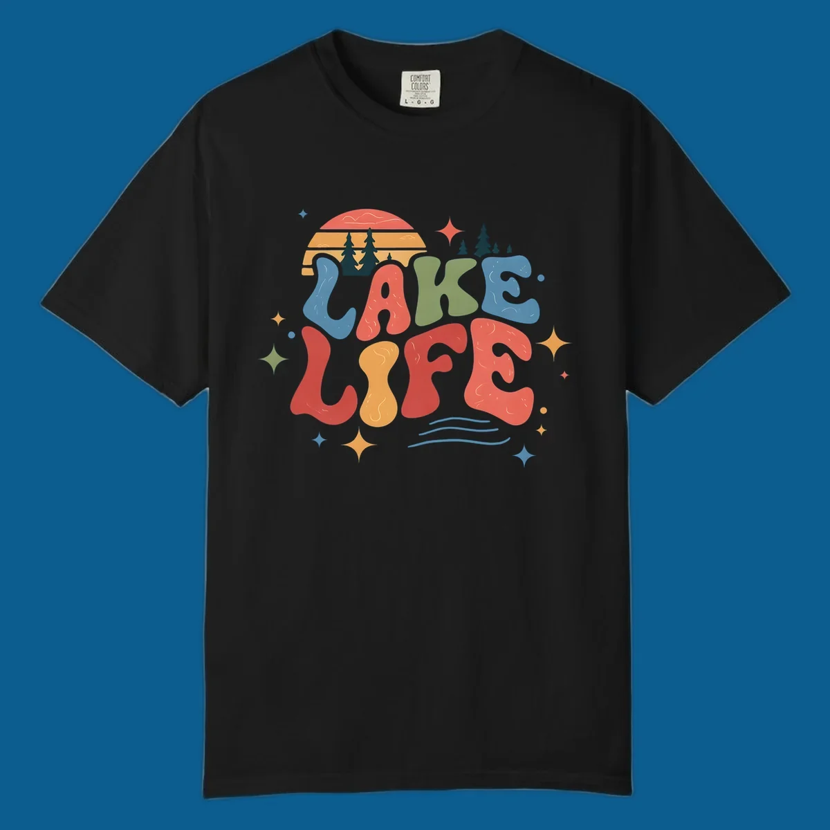 Retro lake life typography design with sunset and stars.