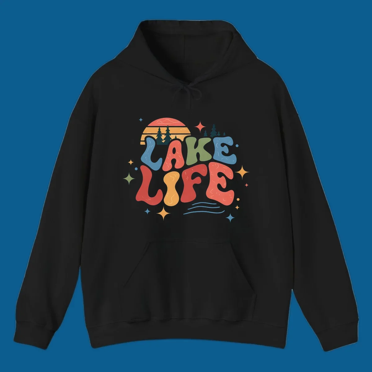 Retro lake life typography design with sunset and stars.