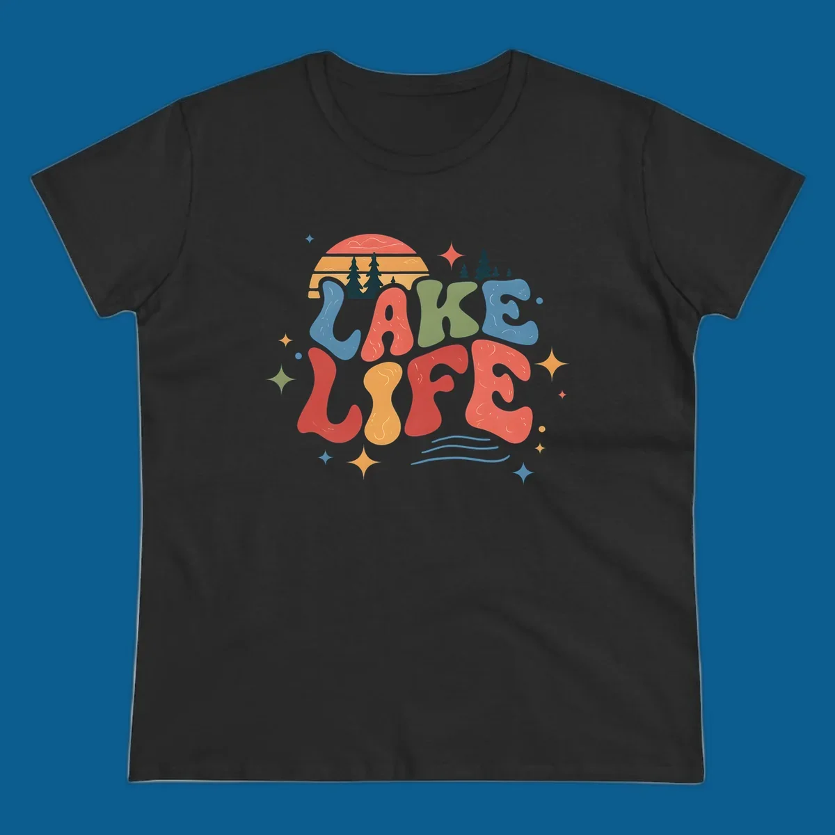 Retro lake life typography design with sunset and stars.