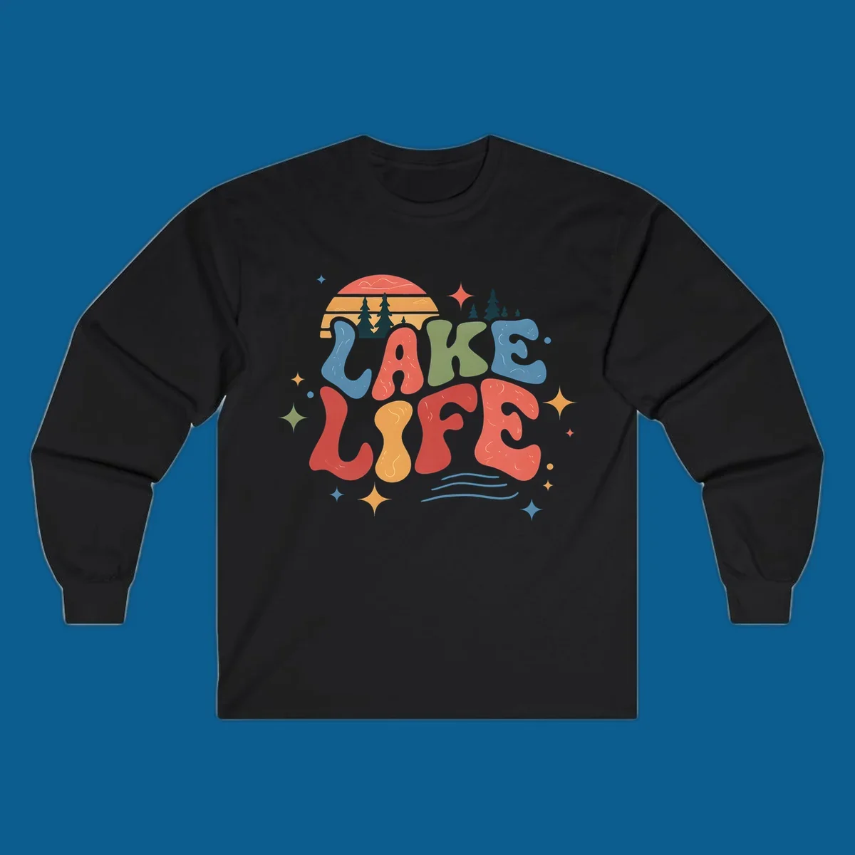 Retro lake life typography design with sunset and stars.
