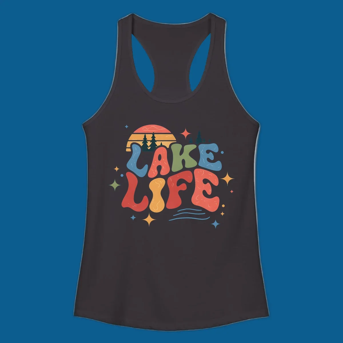 Retro lake life typography design with sunset and stars.