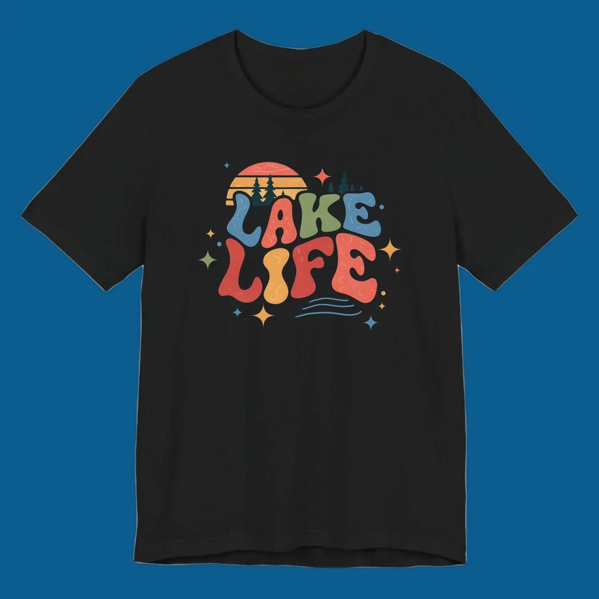 Retro lake life typography design with sunset and stars.