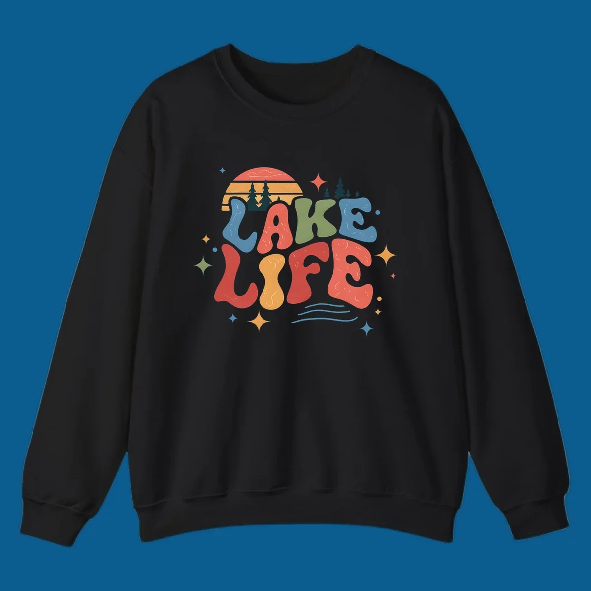 Retro lake life typography design with sunset and stars.