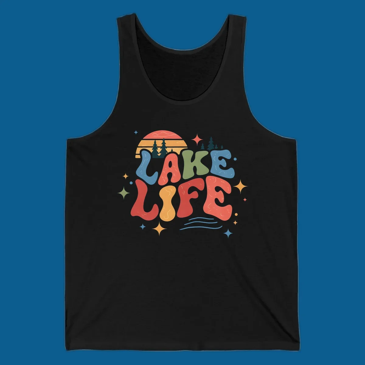 Retro lake life typography design with sunset and stars.
