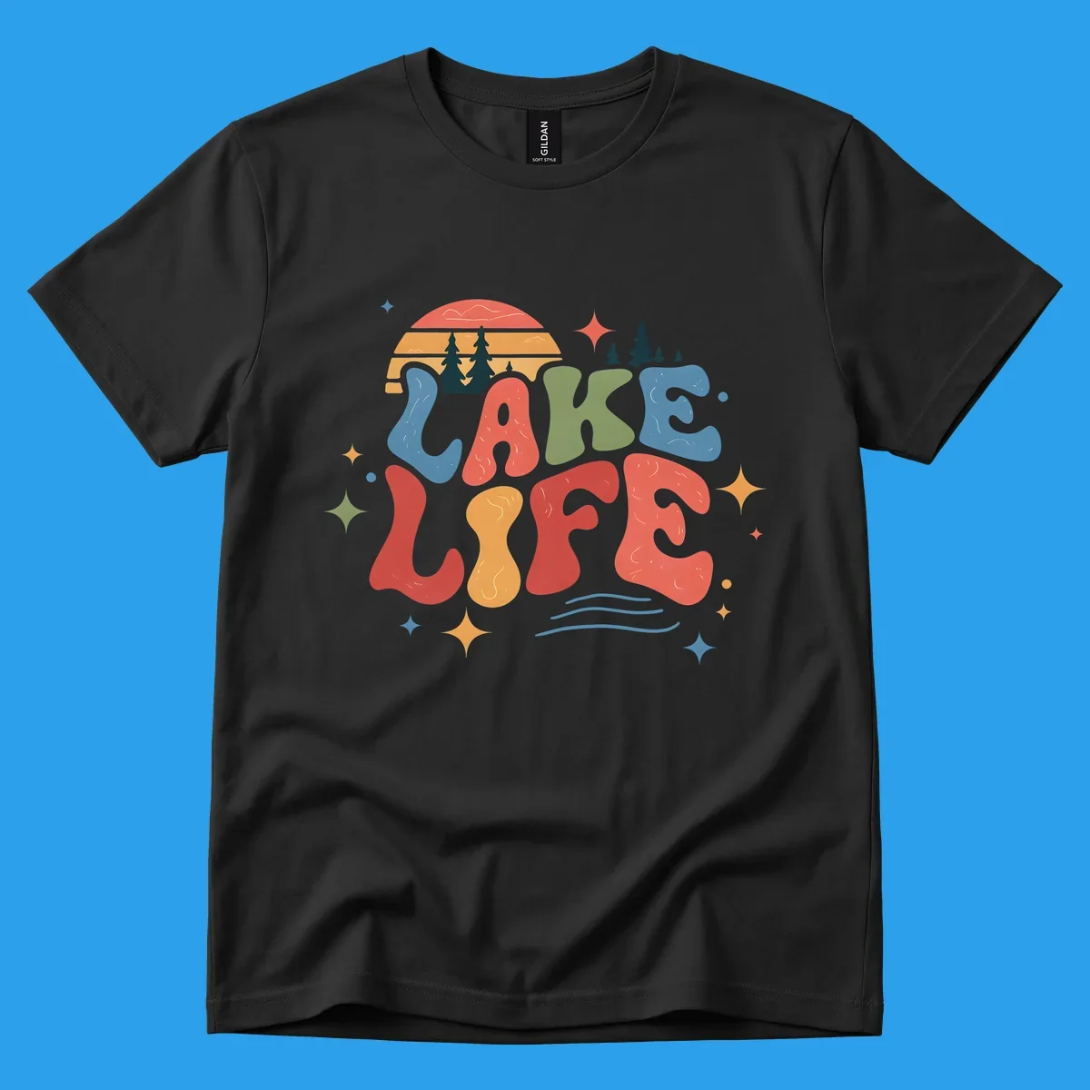 Retro lake life typography design with sunset and stars.