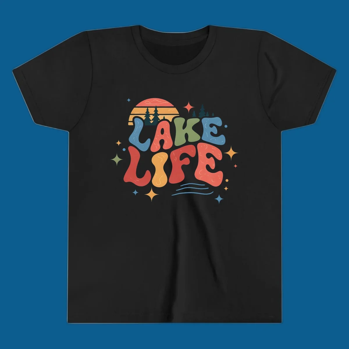 Retro lake life typography design with sunset and stars.