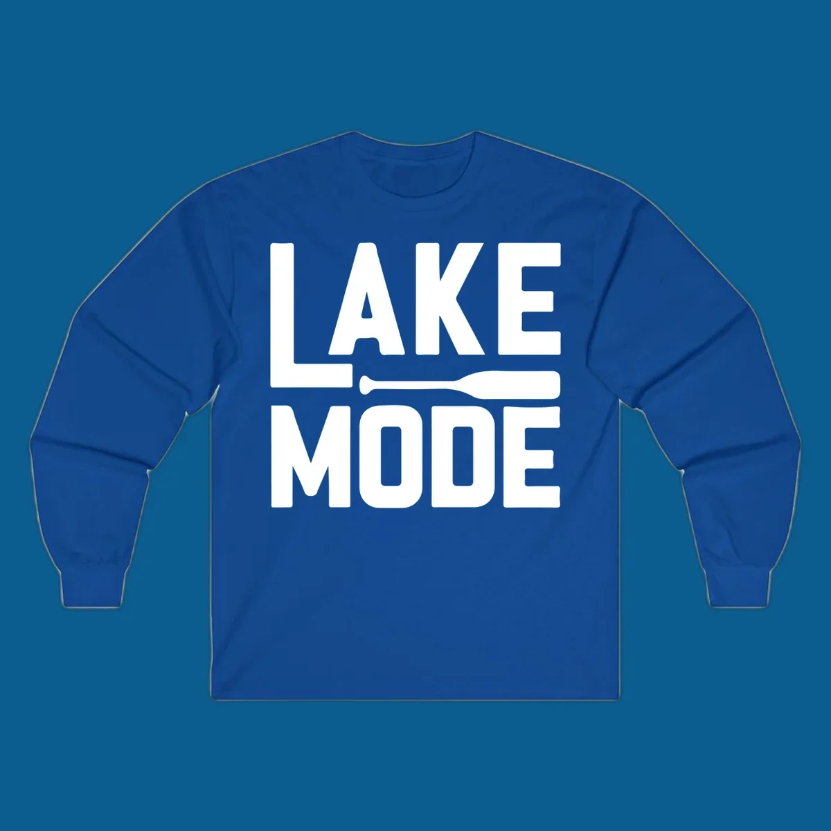White text and paddle graphic that says LAKE MODE, representing lake-mode-paddle.