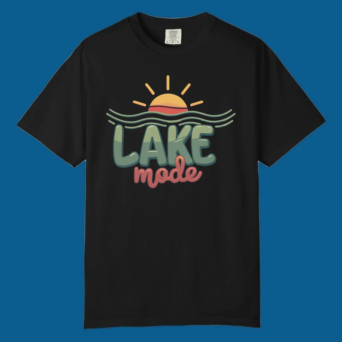 Lake mode text with sun and waves graphic, lake-mode-summer concept.