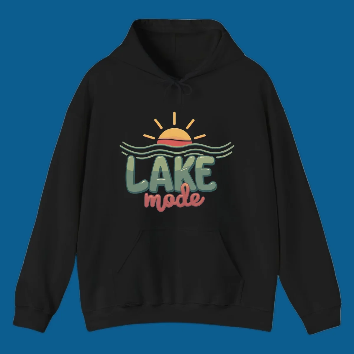 Lake mode text with sun and waves graphic, lake-mode-summer concept.
