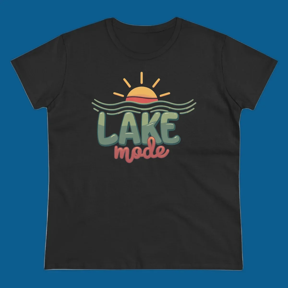 Lake mode text with sun and waves graphic, lake-mode-summer concept.