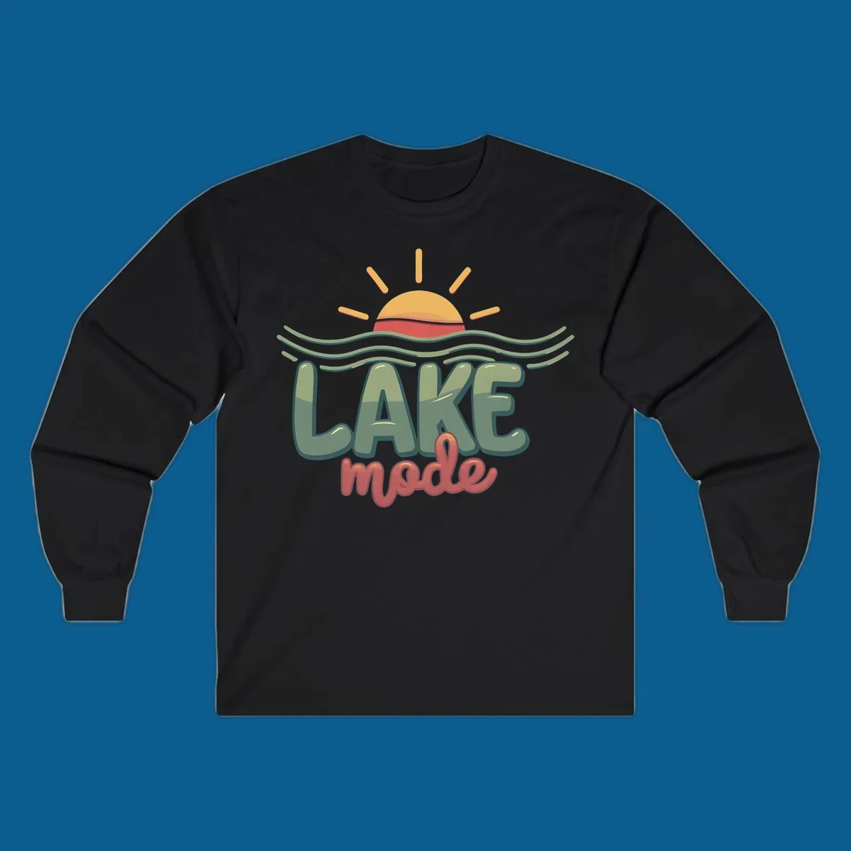 Lake mode text with sun and waves graphic, lake-mode-summer concept.