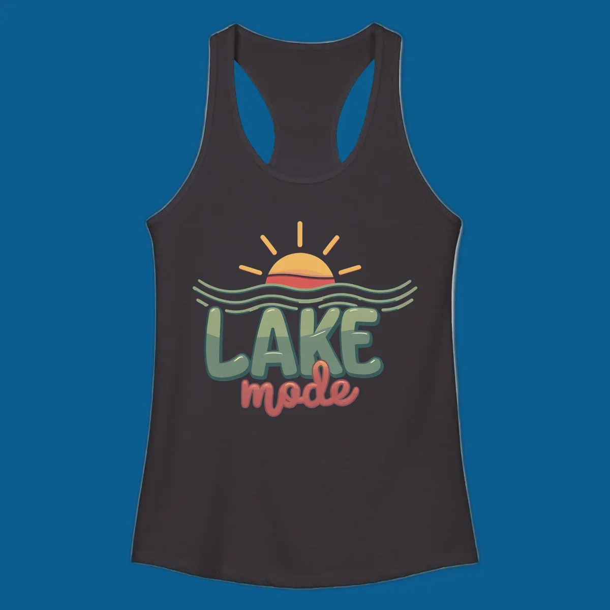 Lake mode text with sun and waves graphic, lake-mode-summer concept.
