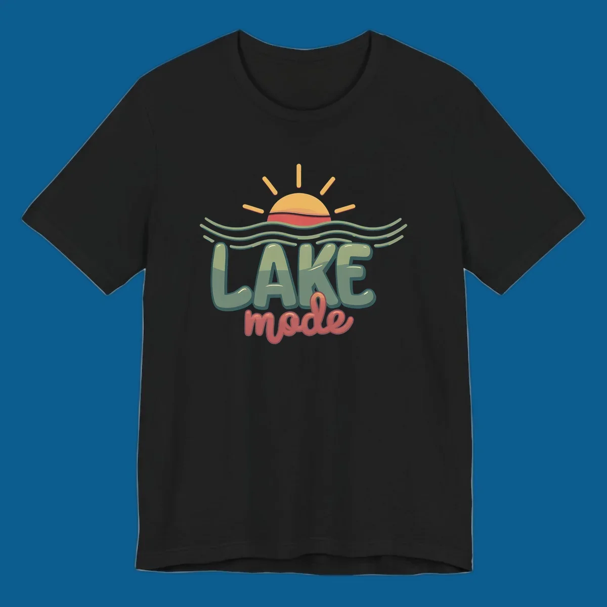 Lake mode text with sun and waves graphic, lake-mode-summer concept.