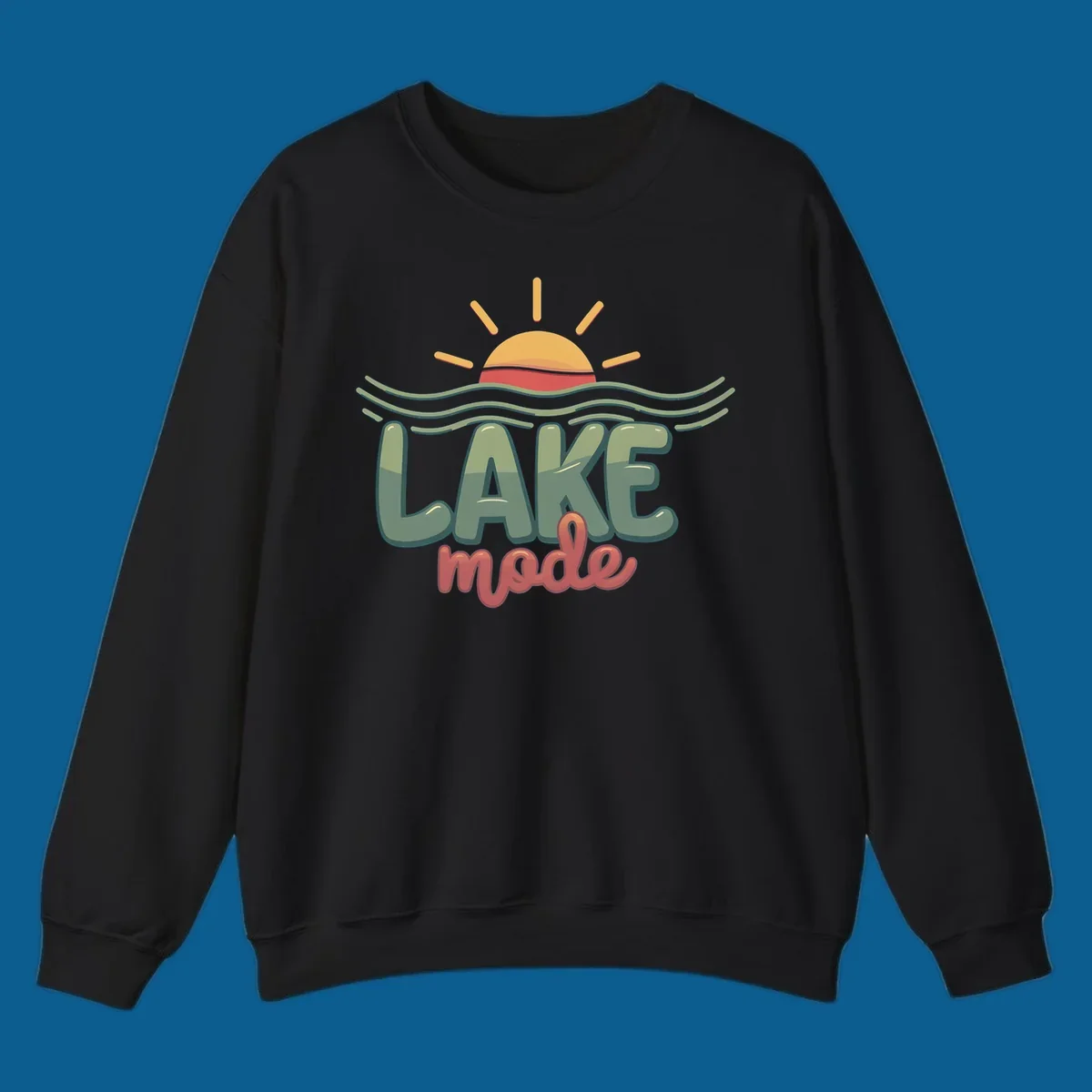 Lake mode text with sun and waves graphic, lake-mode-summer concept.