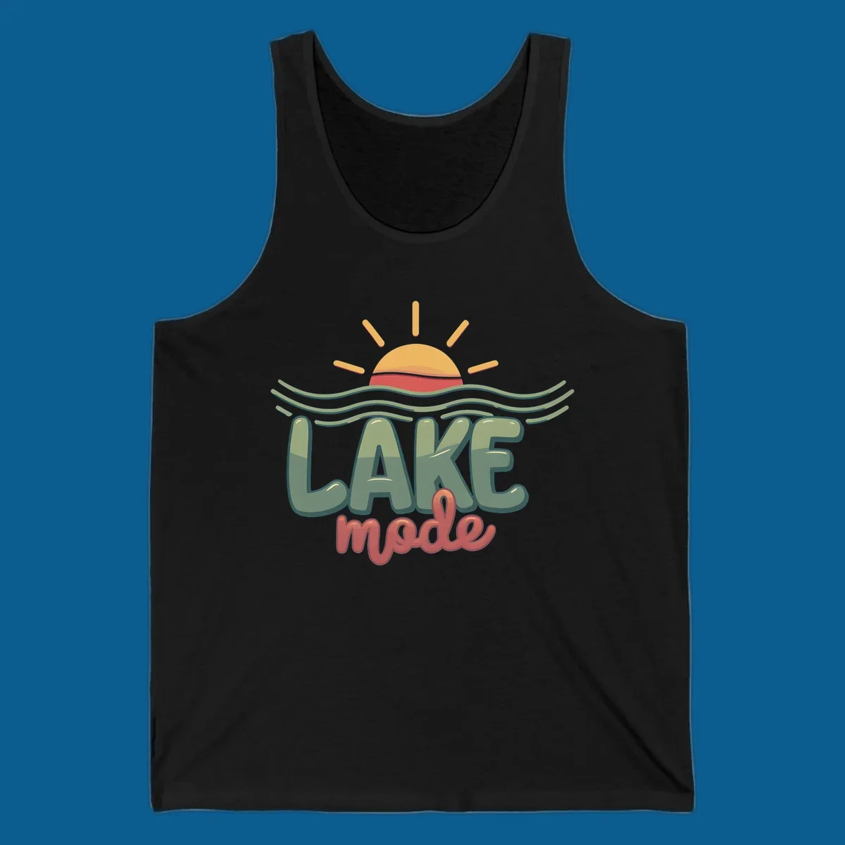 Lake mode text with sun and waves graphic, lake-mode-summer concept.