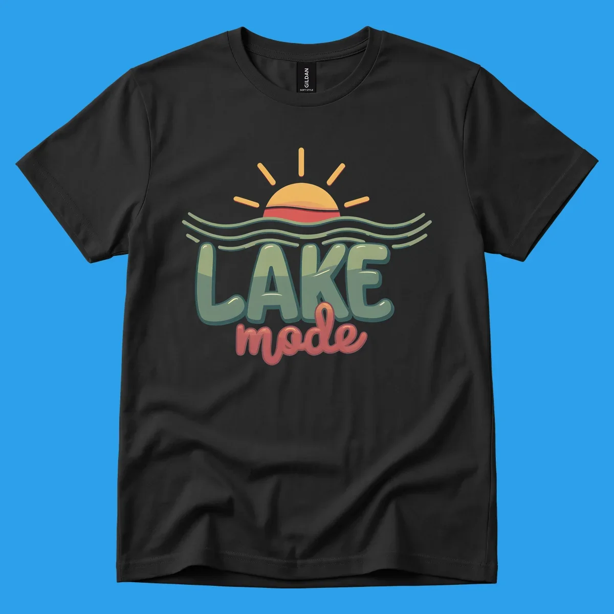 Lake mode text with sun and waves graphic, lake-mode-summer concept.