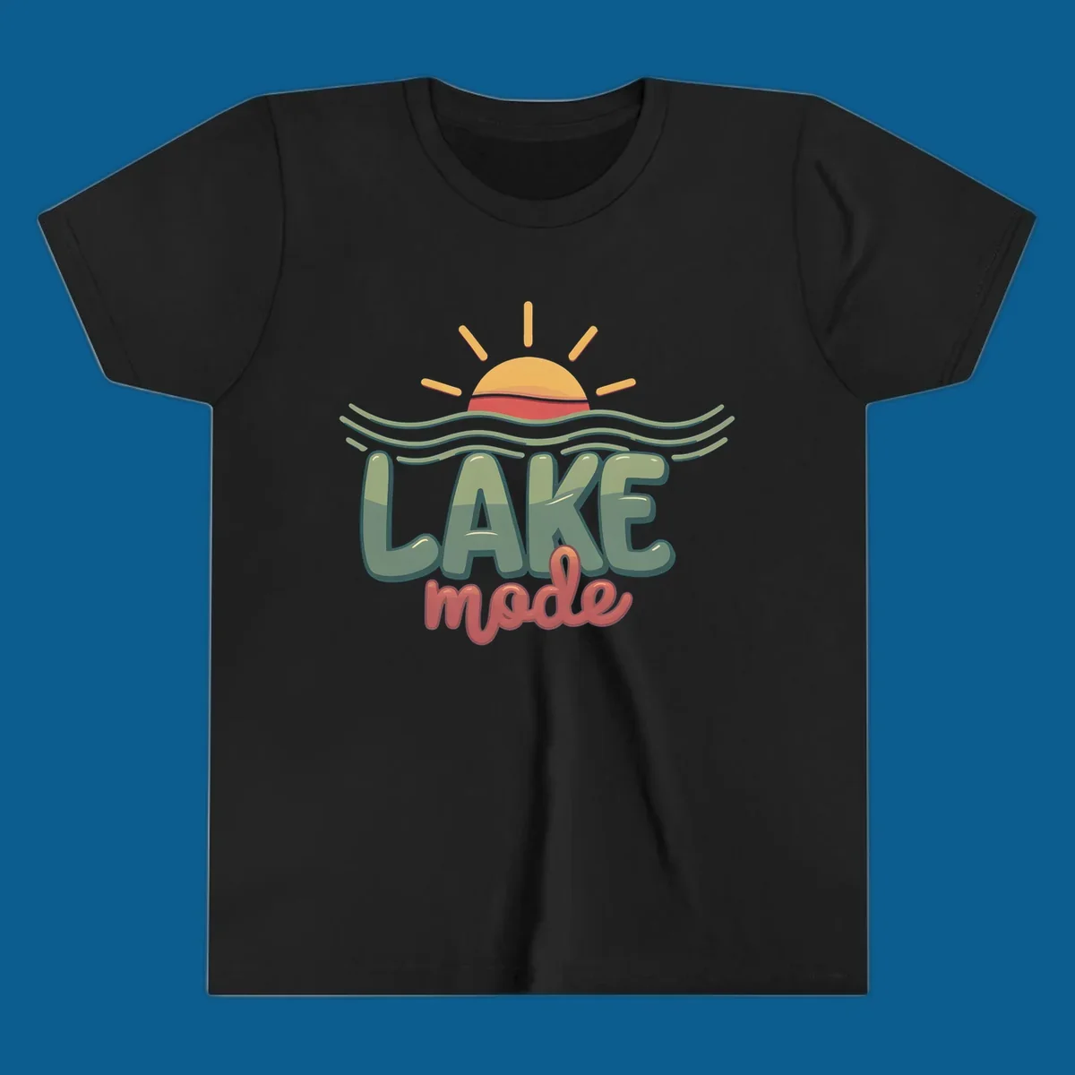 Lake mode text with sun and waves graphic, lake-mode-summer concept.