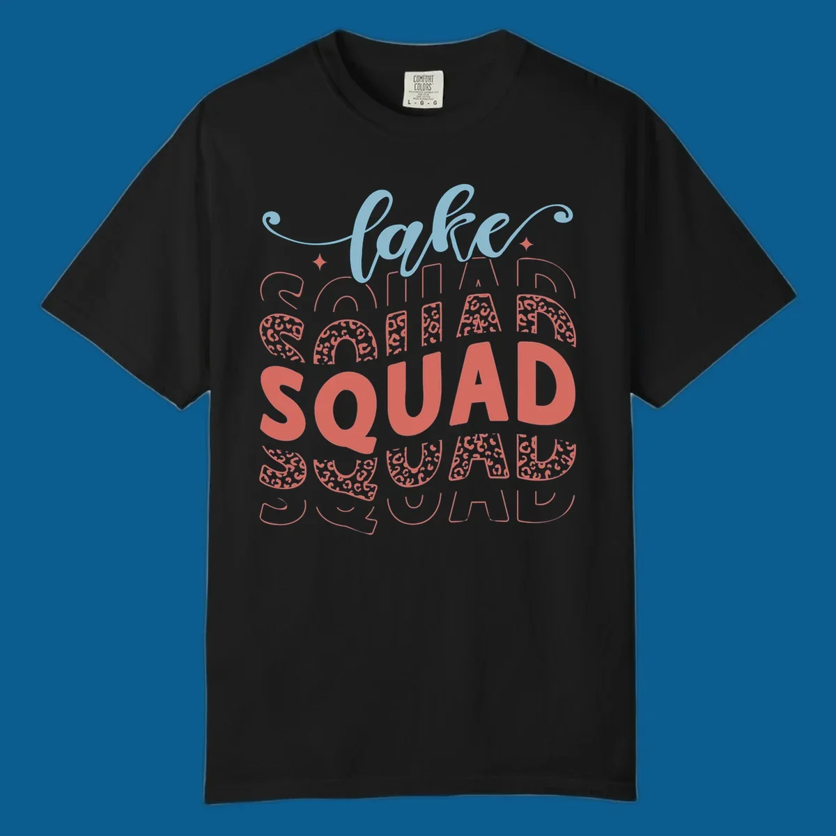 Lake Squad text design with leopard print accents