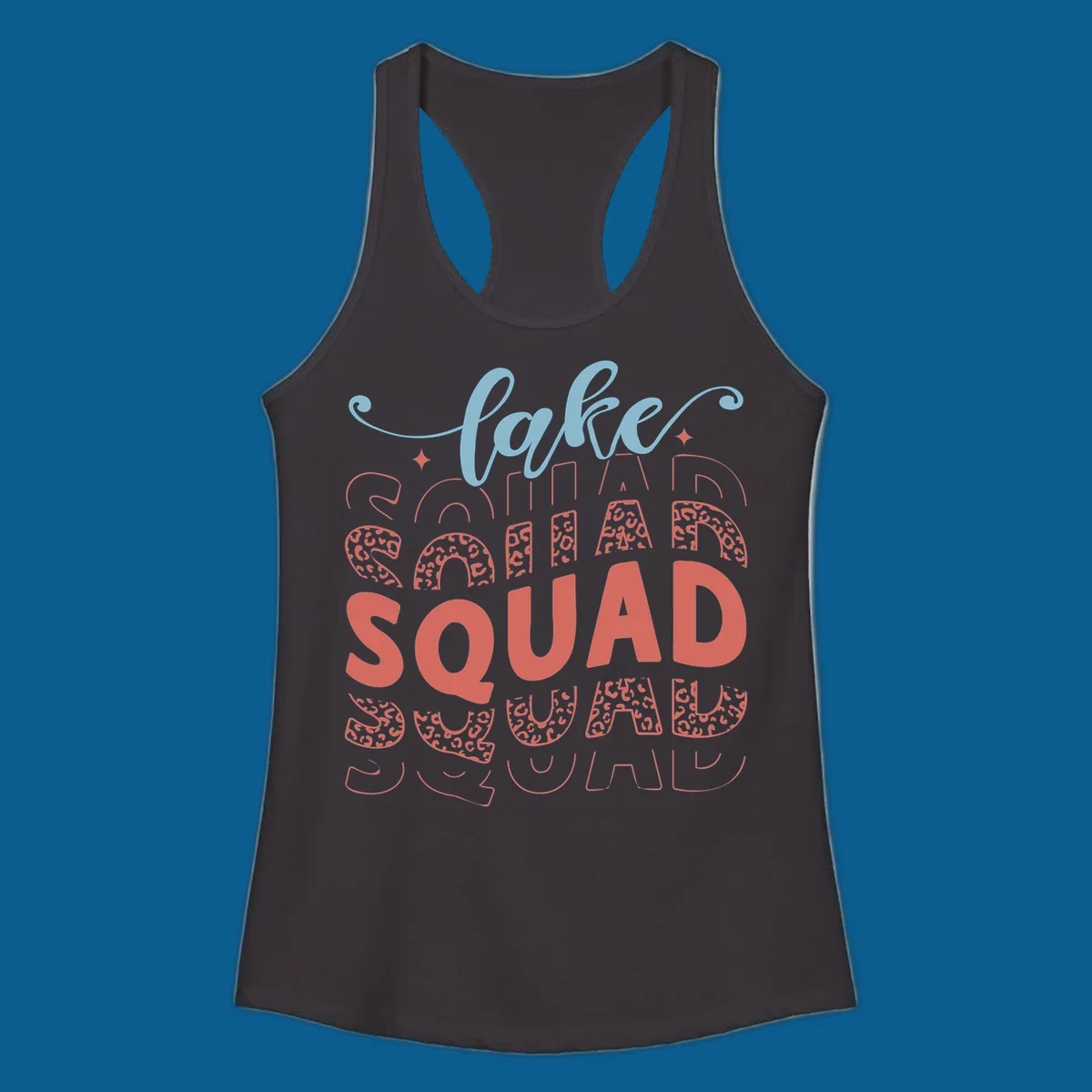 Lake Squad text design with leopard print accents
