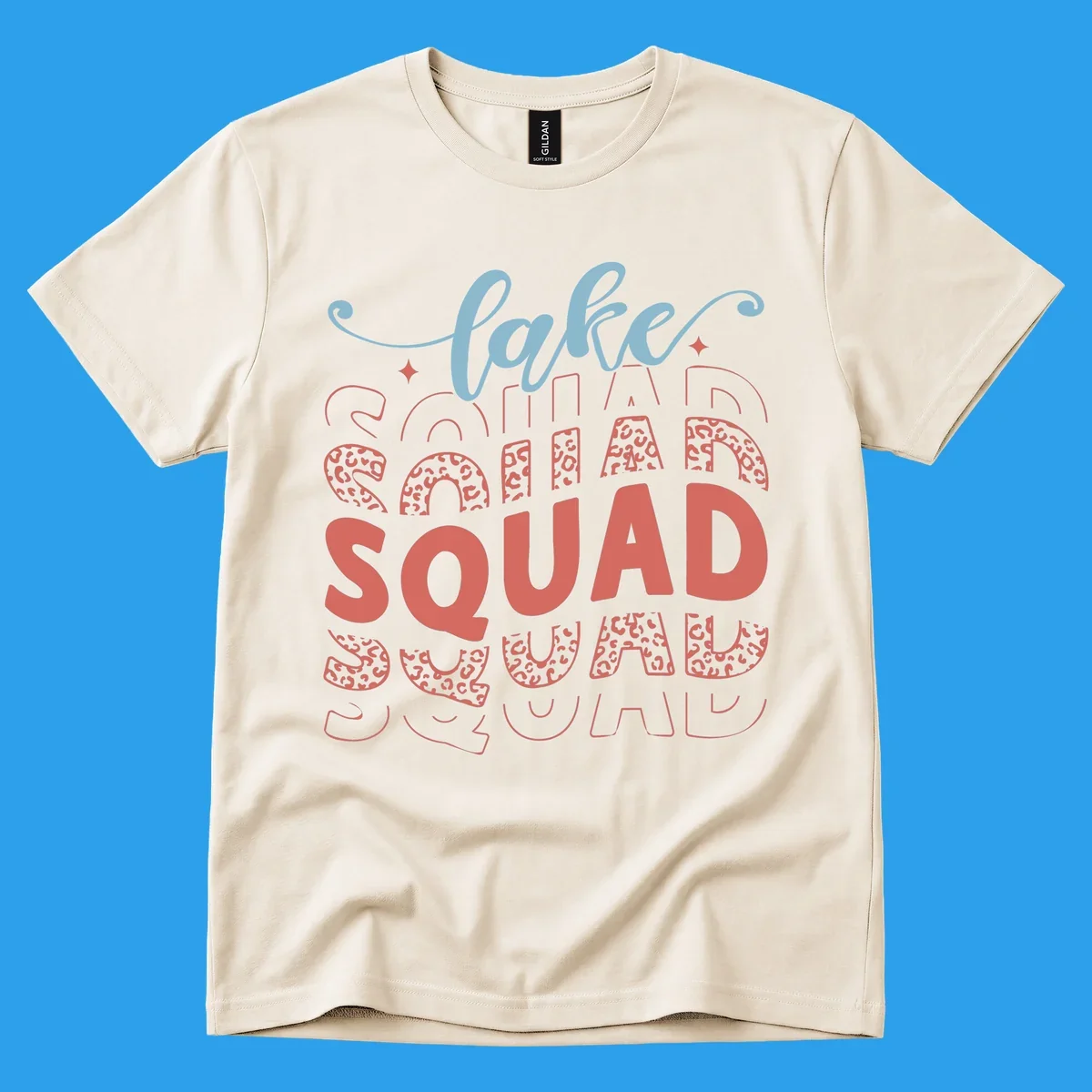 Lake Squad text design with leopard print accents