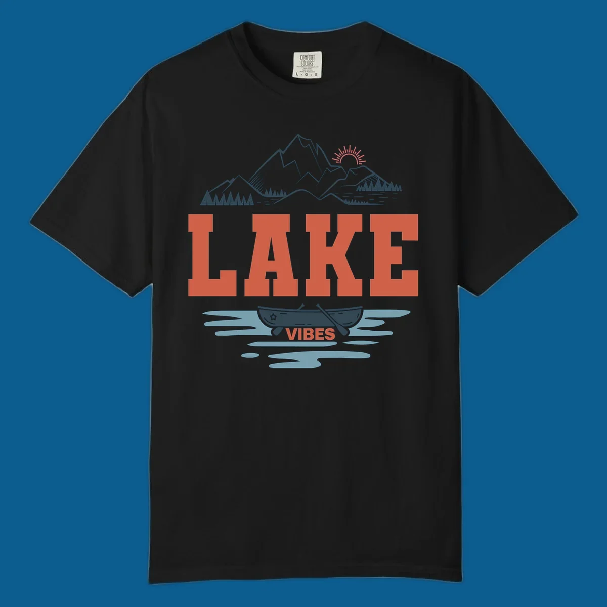 Lake vibes nature design with mountains, canoe, and text.