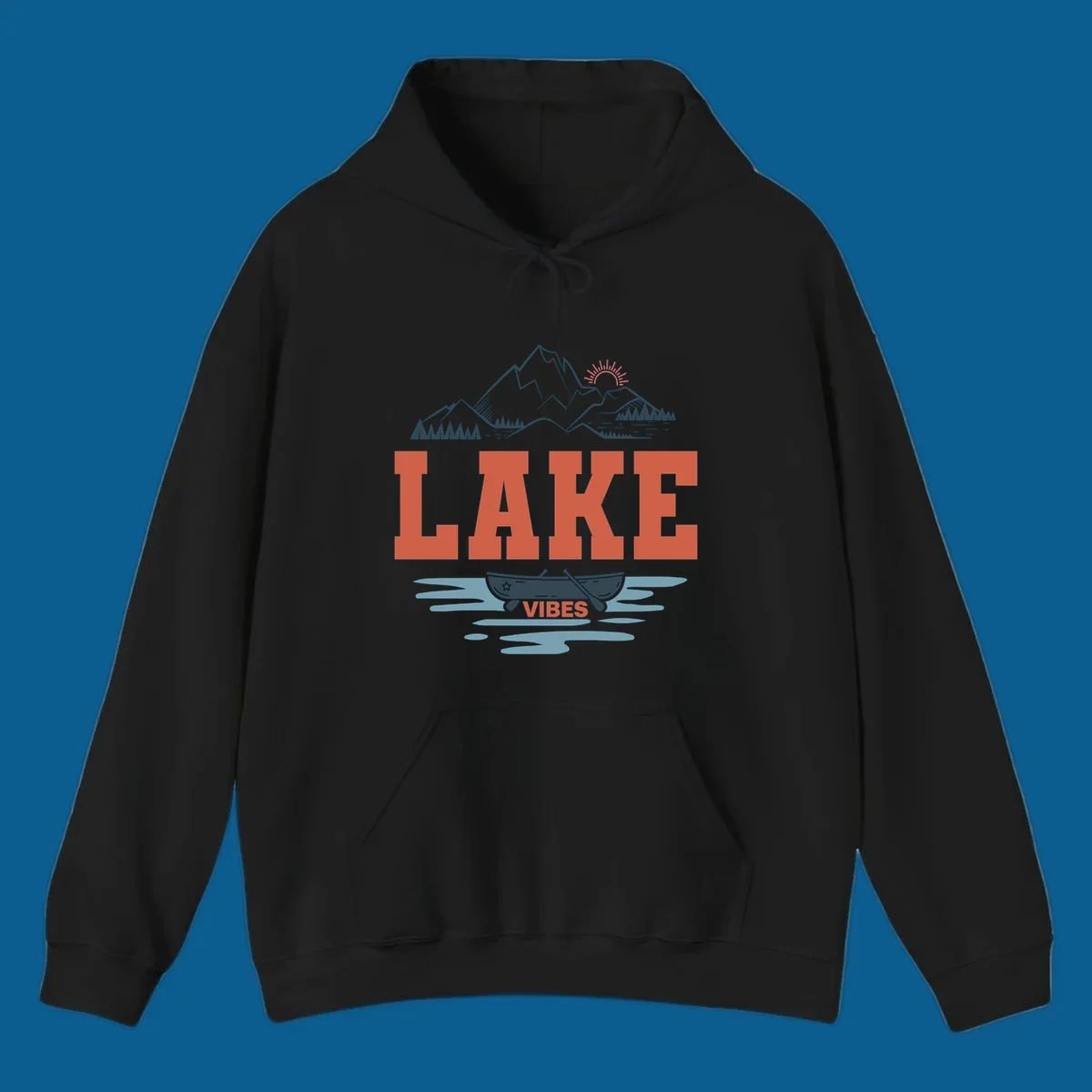 Lake vibes nature design with mountains, canoe, and text.