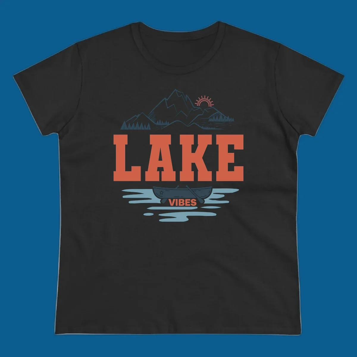 Lake vibes nature design with mountains, canoe, and text.