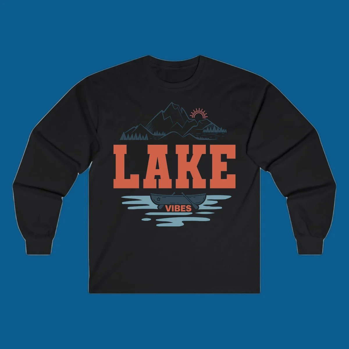 Lake vibes nature design with mountains, canoe, and text.