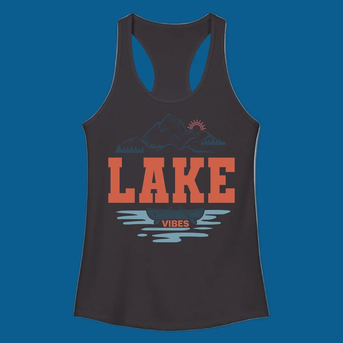 Lake vibes nature design with mountains, canoe, and text.