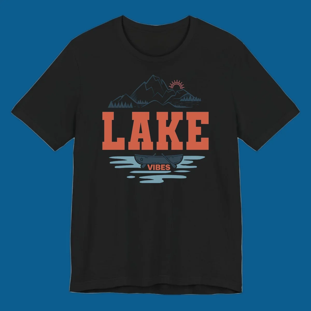 Lake vibes nature design with mountains, canoe, and text.