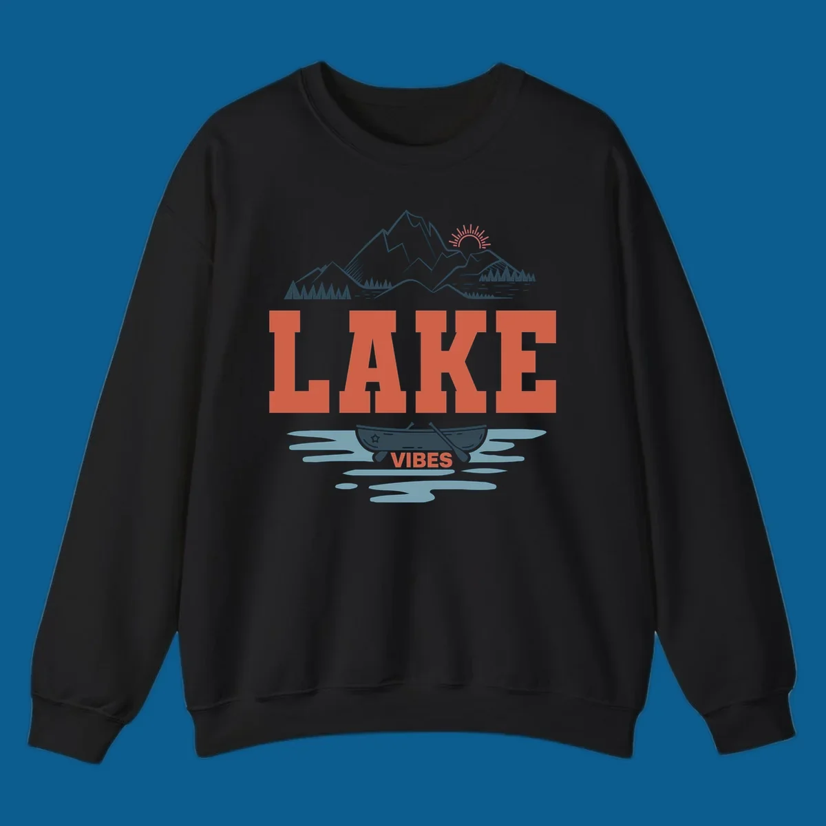 Lake vibes nature design with mountains, canoe, and text.