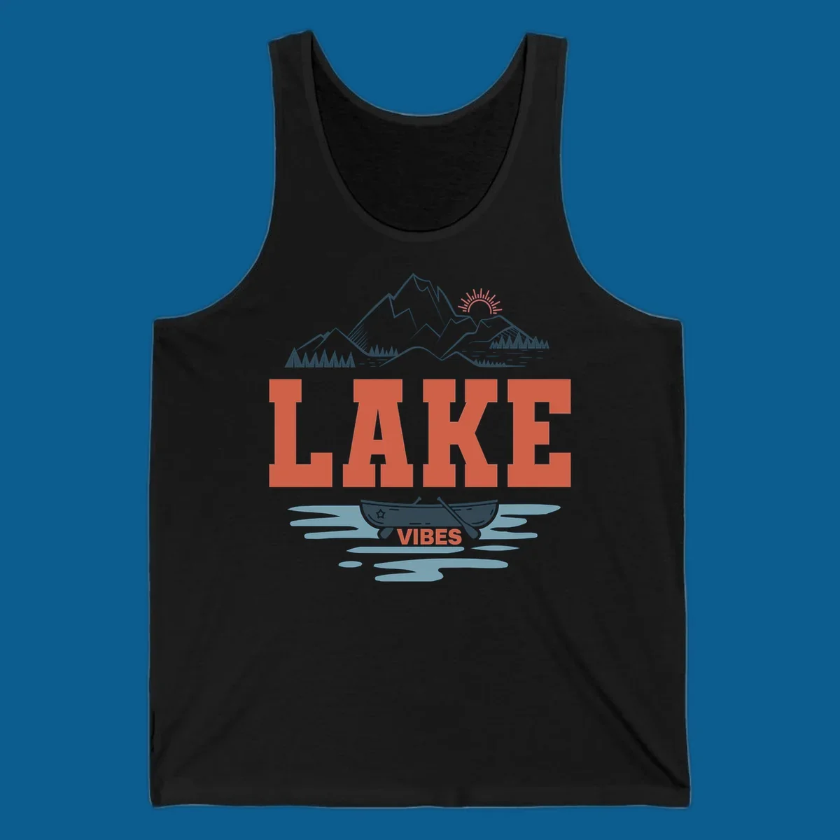 Lake vibes nature design with mountains, canoe, and text.