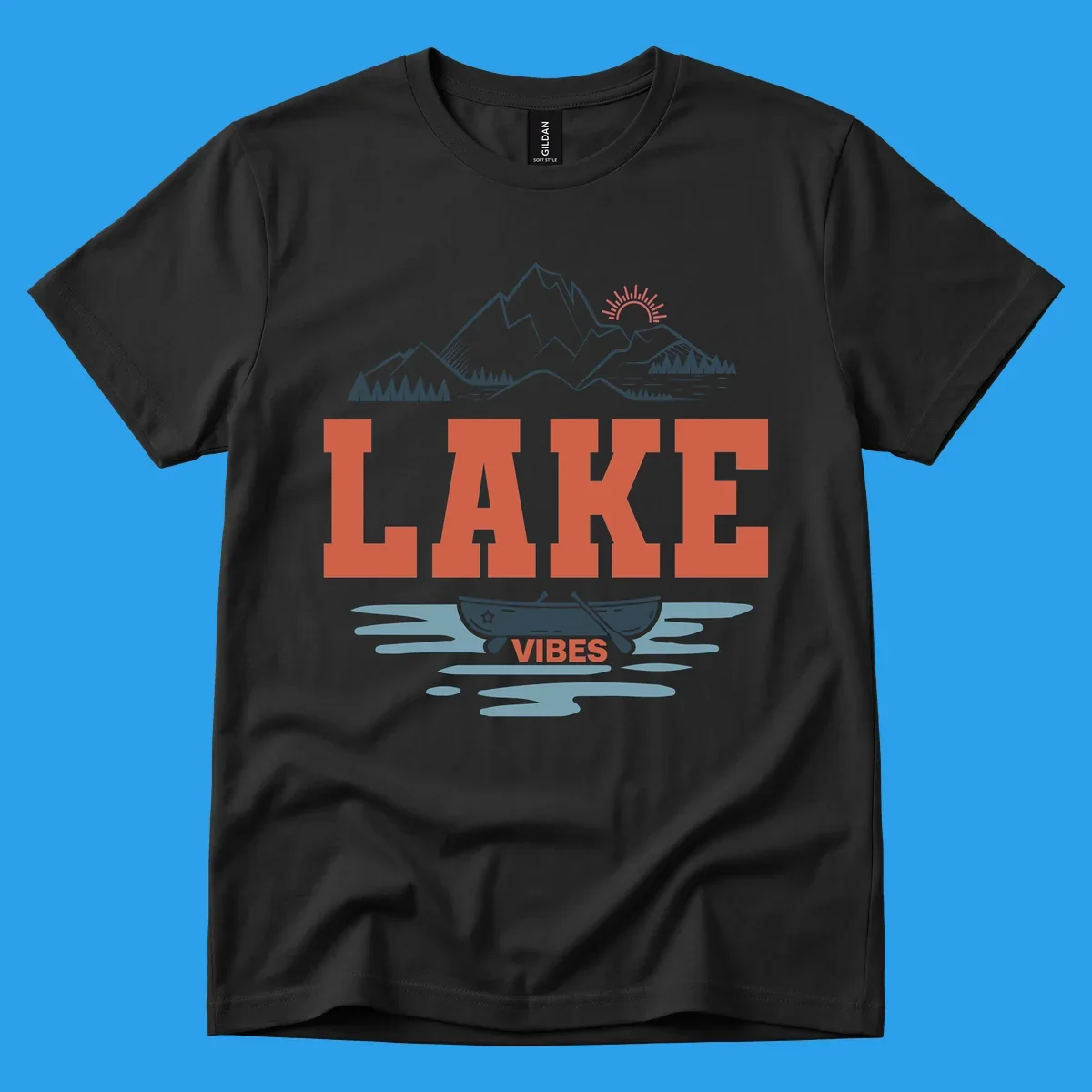 Lake vibes nature design with mountains, canoe, and text.