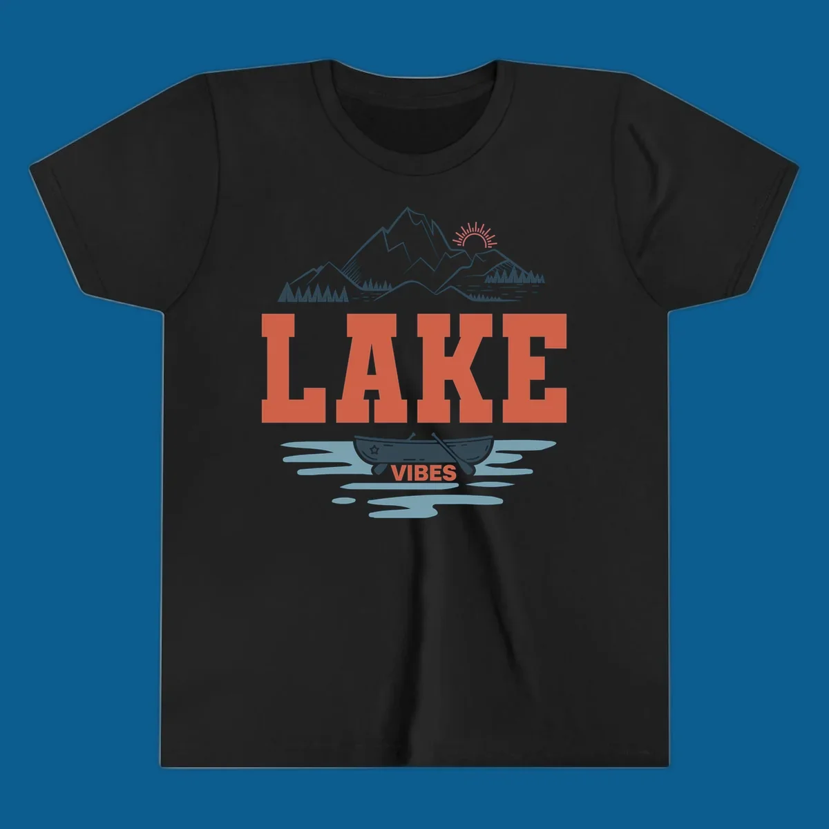 Lake vibes nature design with mountains, canoe, and text.