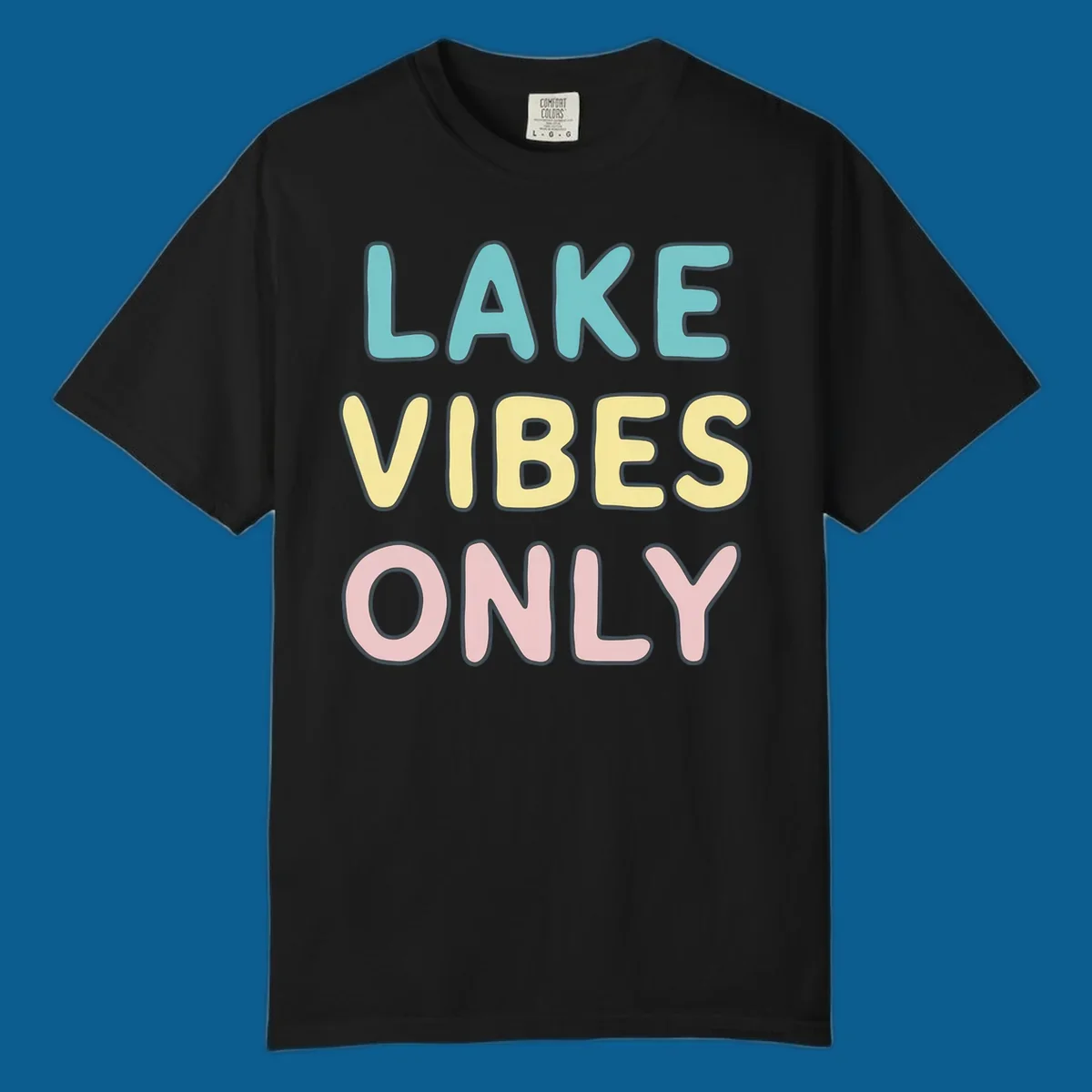 Typography design with the words LAKE VIBES ONLY in pastel colors.