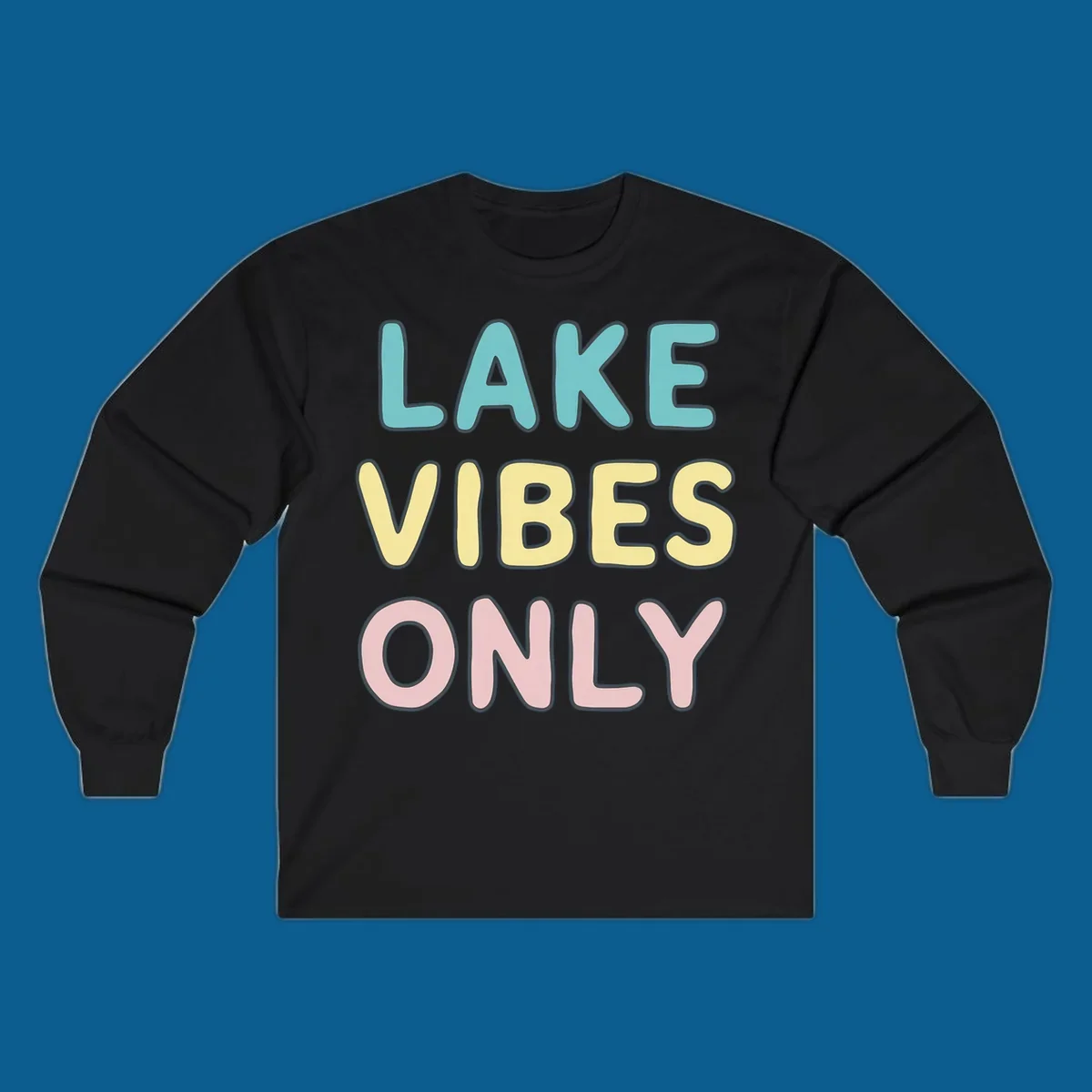 Typography design with the words LAKE VIBES ONLY in pastel colors.