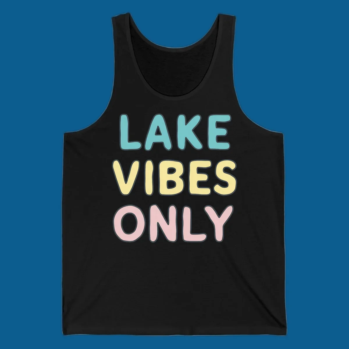 Typography design with the words LAKE VIBES ONLY in pastel colors.