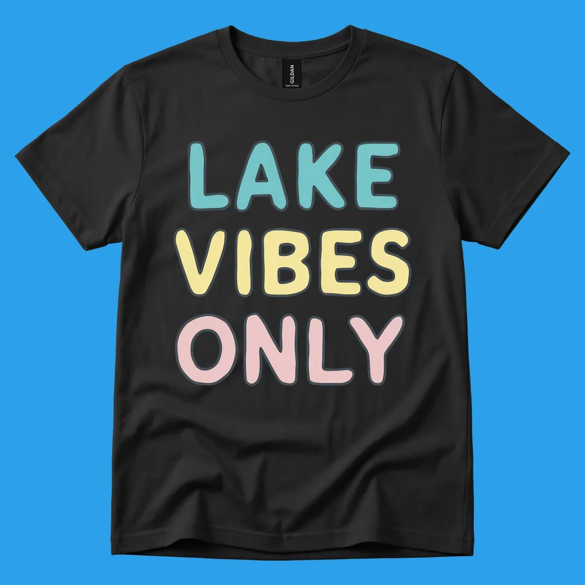 Typography design with the words LAKE VIBES ONLY in pastel colors.