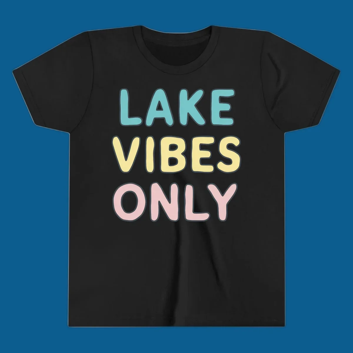 Typography design with the words LAKE VIBES ONLY in pastel colors.