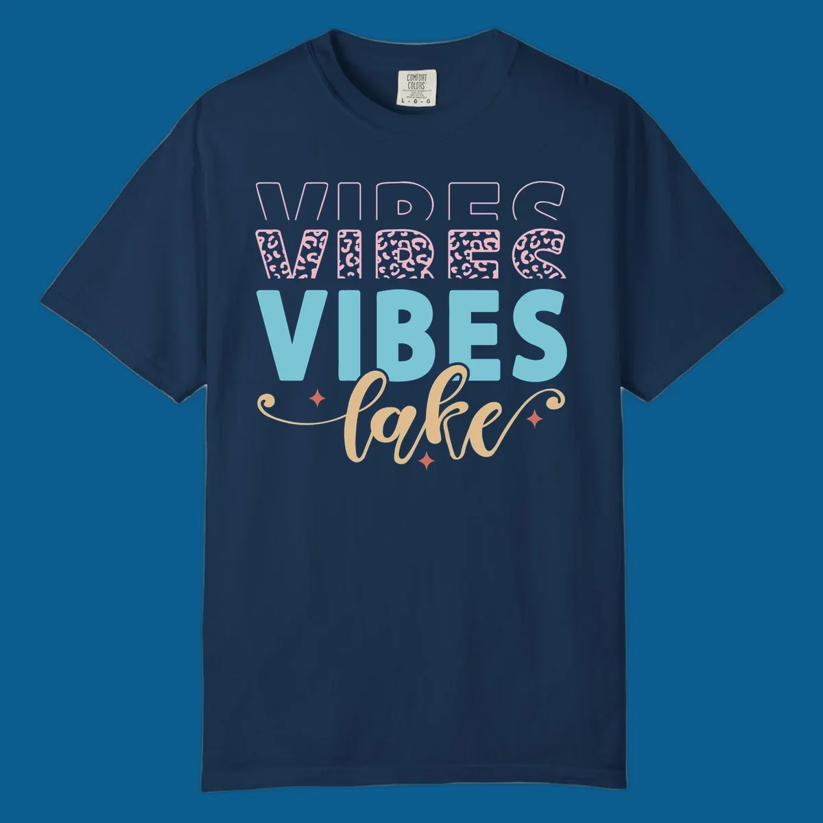 Lake vibes text design with leopard print and script font.