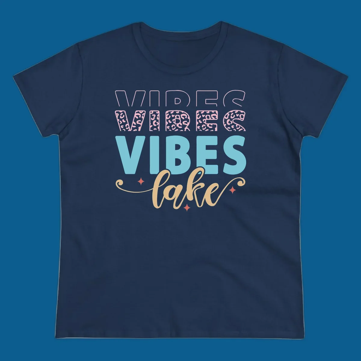 Lake vibes text design with leopard print and script font.