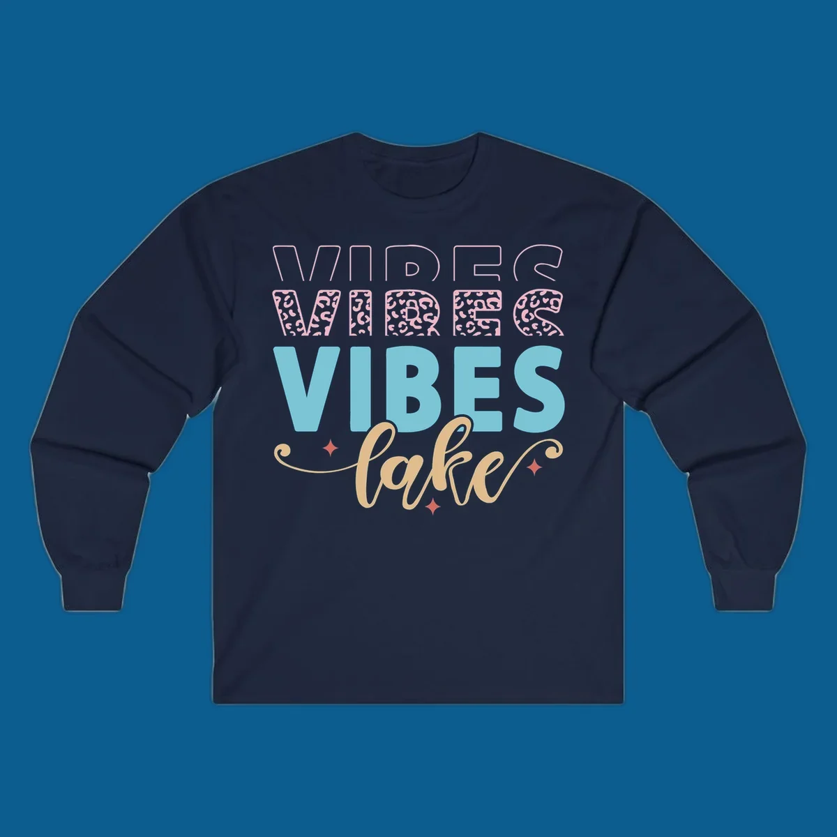 Lake vibes text design with leopard print and script font.