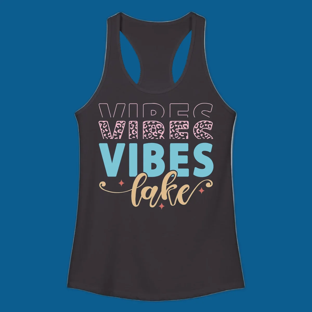Lake vibes text design with leopard print and script font.