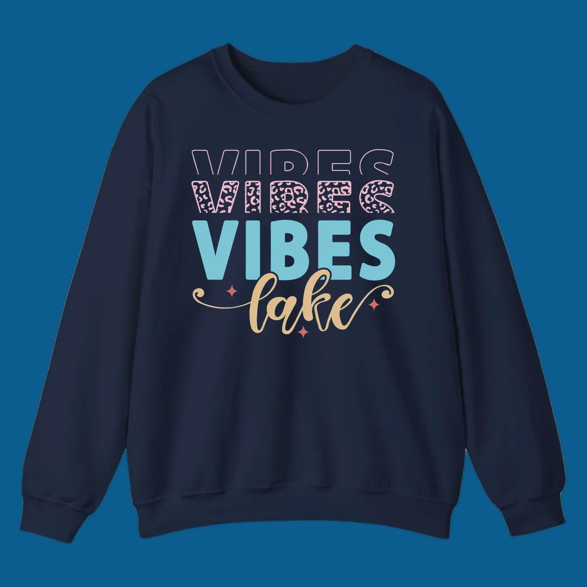 Lake vibes text design with leopard print and script font.