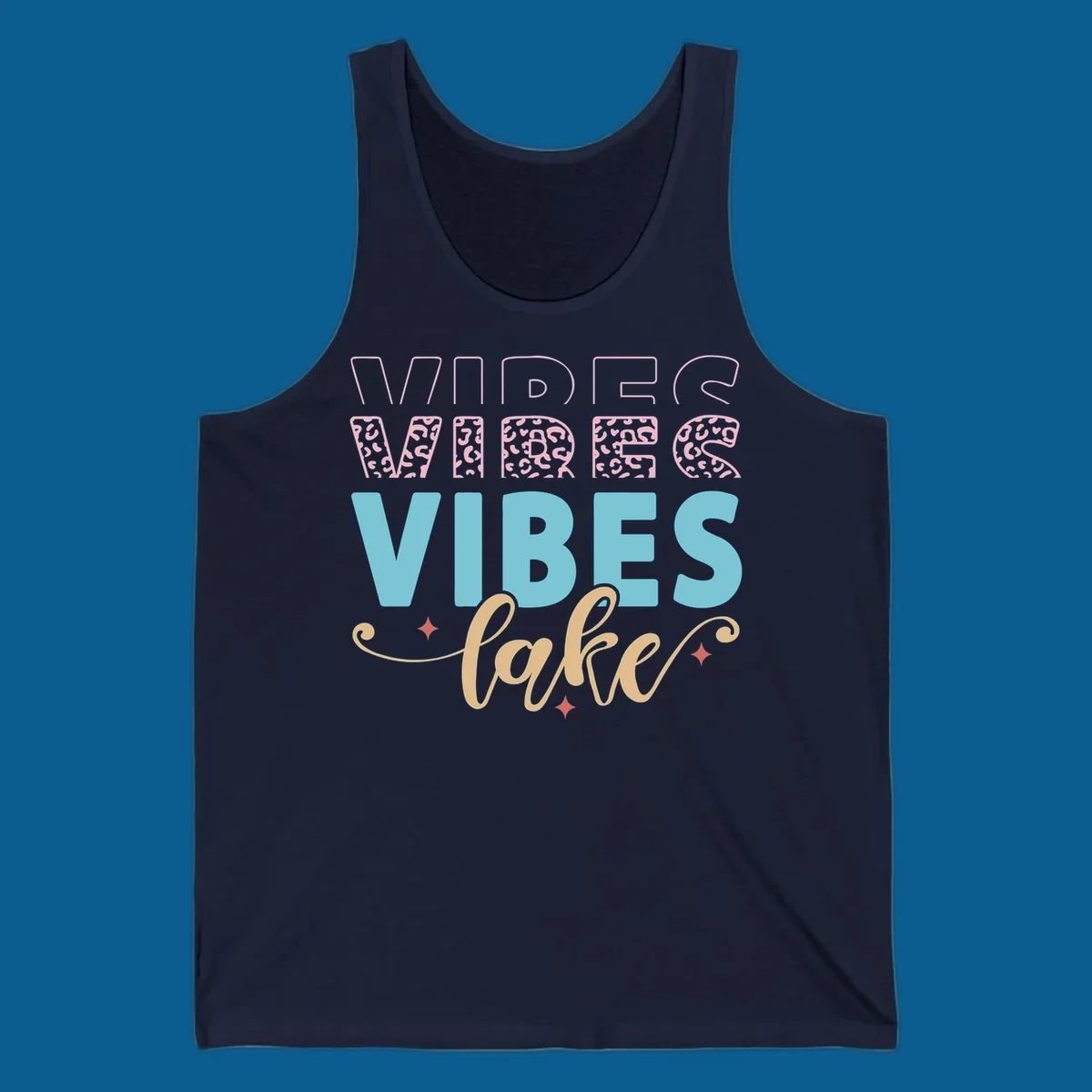 Lake vibes text design with leopard print and script font.