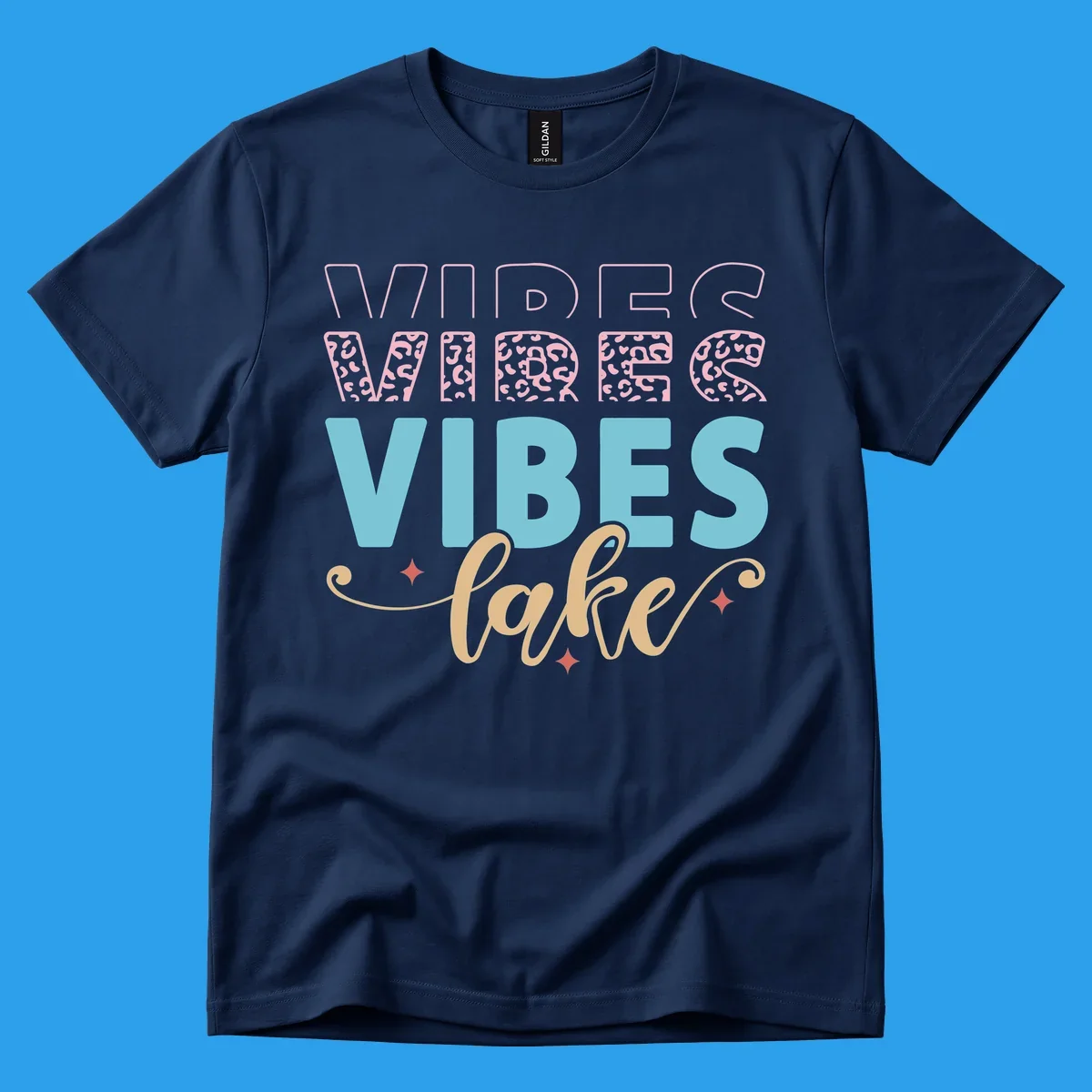 Lake vibes text design with leopard print and script font.