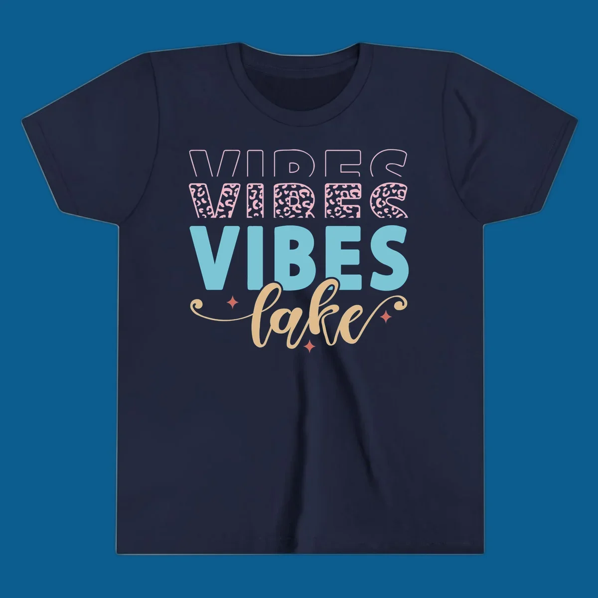 Lake vibes text design with leopard print and script font.